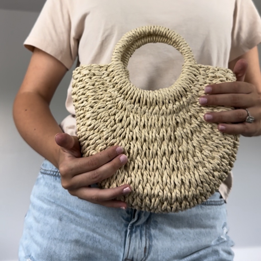 Handwoven Straw Rattan Half-Moon Beach Handbag Summer Crossbody Shoulder nude